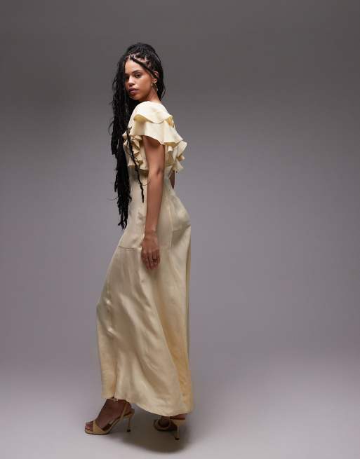 & Other Stories maxi dress with ruffle sleeves and open back in light butter yellow, 3 of 4