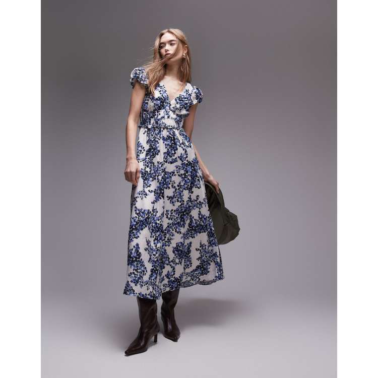 & Other Stories maxi dress with tier hem and ruffle sleeves in blue  porcelain floral print | ASOS