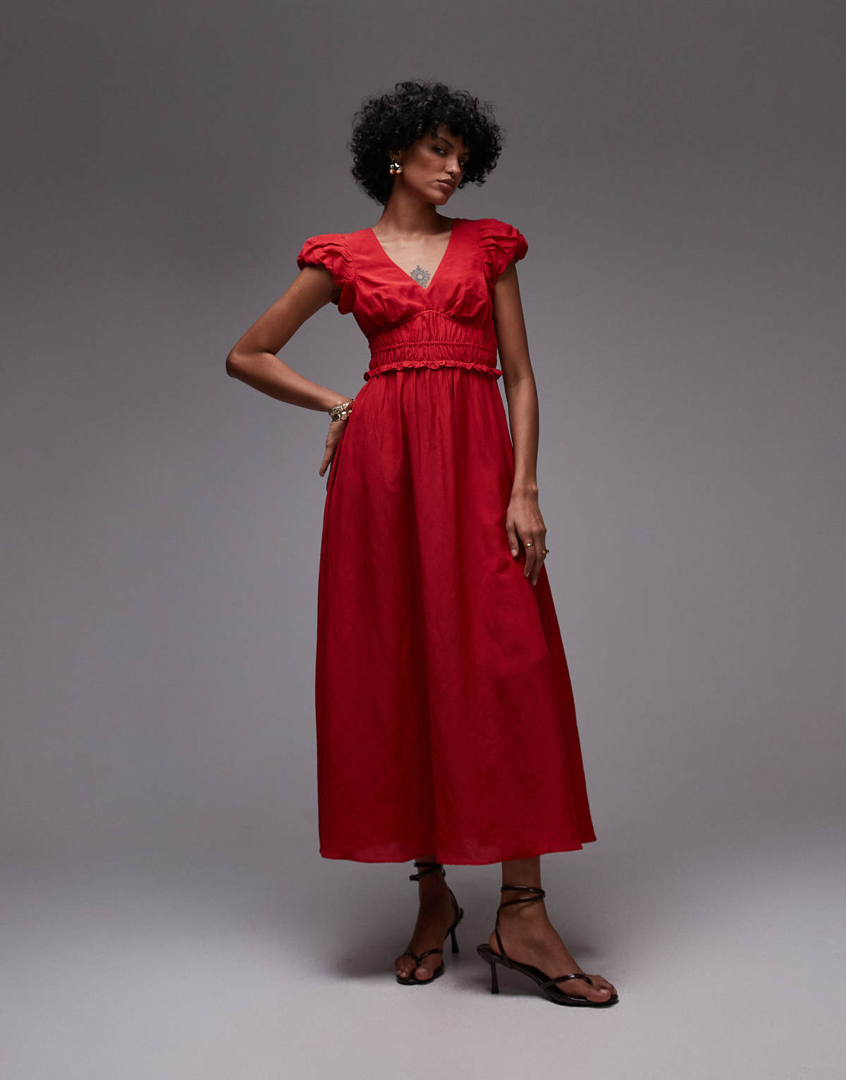 & Other Stories maxi dress with tier hem and ruffle sleeves in red