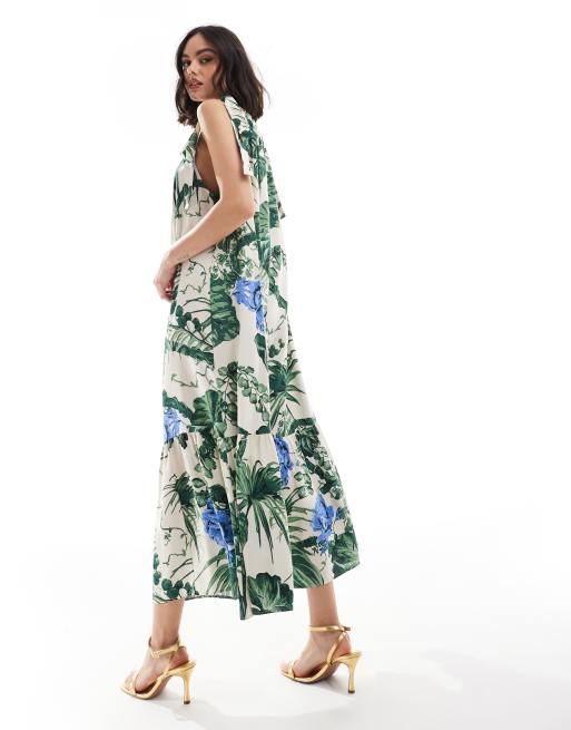 & Other Stories - Maxi-jurk met gelaagde zoom, aangerimpelde gestrikte hals, keyhole-uitsnijding aan de achterkant en bloemen- en bladprint