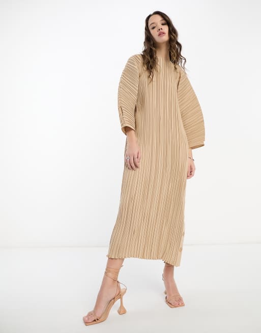& Other Stories - Maxi jurk met plooien en volumineuze mouwen in beige