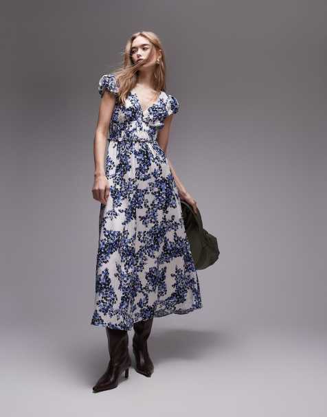 & Other Stories - Maxi jurk met stroken, ruchemouwen en bloemenprint in blauw en wit - view 1