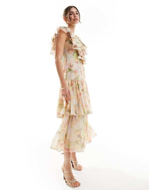 & Other Stories - Maxi jurk met stroken, ruches en aquarel bloemenprint