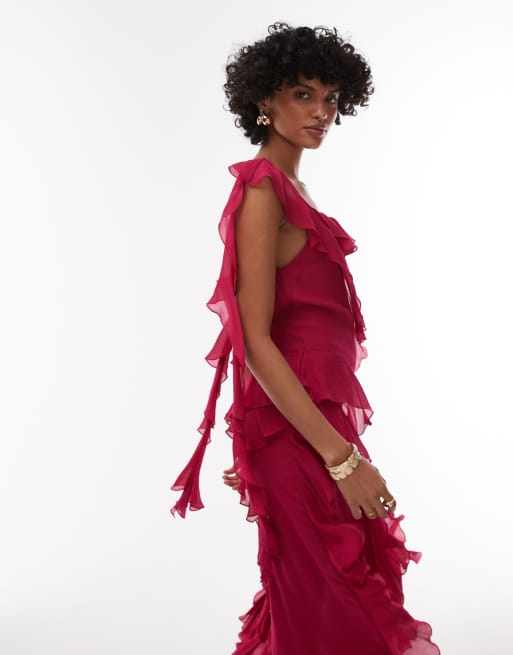 & Other Stories maxi slip dress with tiered ruffle detail and low tie back in pink