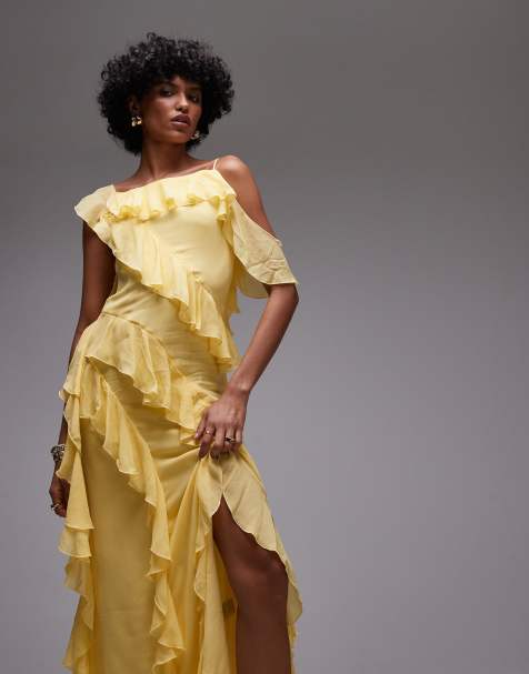 & Other Stories maxi slip dress with tiered ruffle detail and low tie back in yellow - view 1