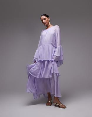 & Other Stories - Maxikleid aus Chiffon in Flieder mit Rüschen und gestuftem voluminösem Saum-Lila