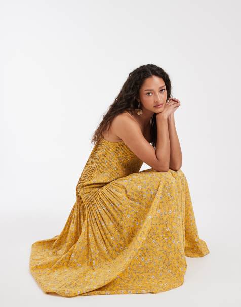 & Other Stories – Maxikleid in Gelb mit Print, tiefer Taille und plissiertem Rockteil - view 1