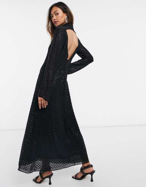 & Other Stories – Maxikleid in Schwarz mit Perlenbesatz 