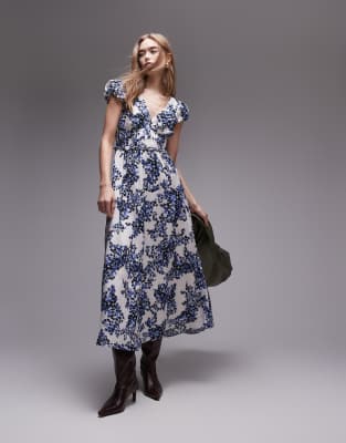 & Other Stories - Maxikleid mit Stufensaum, Rüschenärmeln und Porzellan-Blumenprint in Blau