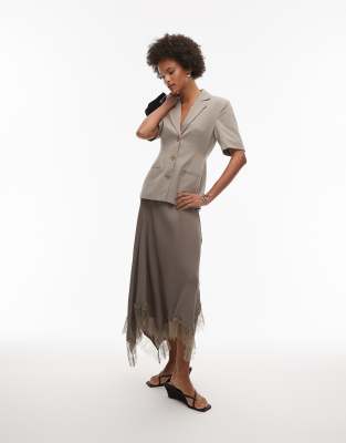 & Other Stories - Maxirock aus Satin in Hellbraun mit asymmetrischem Saum aus Spitze-Brown