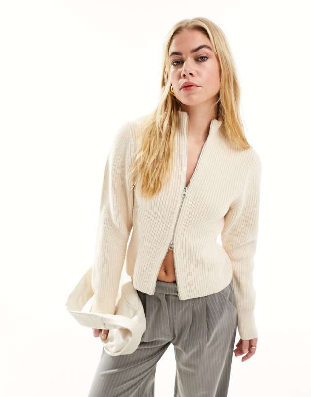 & Other Stories - merino wool and cotton blend cardigan with zip front and sculptural sleeves in white