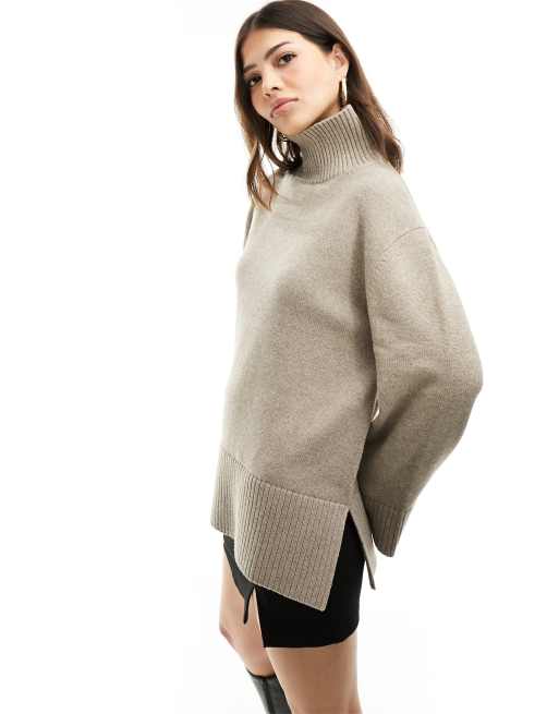 Other Stories merino wool and cotton blend high neck oversized sweater in beige