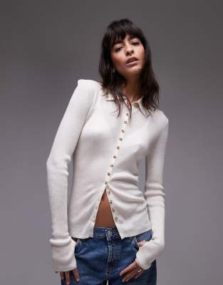 & Other Stories & Other Stories merino wool blend fine knit fitted cardigan with thumbholes and two-way collar in white