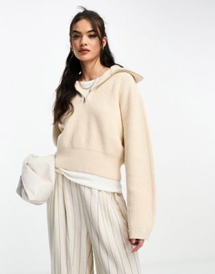 Other Stories &  Merino Wool Blend Knitted Chunky Rib Half Zip Sweater In Ecru Melange-white