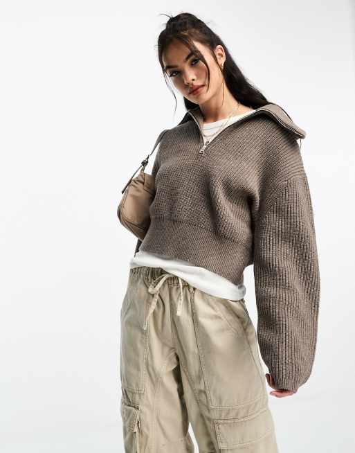  Other Stories merino wool blend knitted chunky rib half zip sweater in  taupe