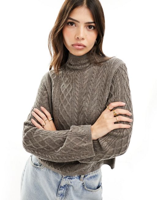 & Other Stories merino wool cable knit cropped jumper in mole | ASOS