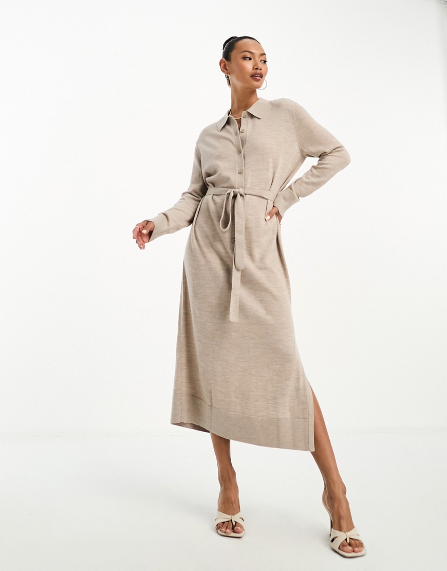 & Other Stories merino wool knitted belted midi dress in brown melange