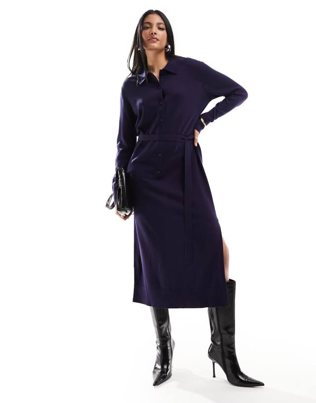 & Other Stories - merino wool knitted belted midi dress in dark blue