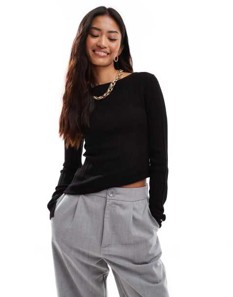 & Other Stories merino wool knitted rib fitted top with boat neck and split cuffs in black - view 1