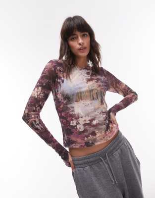 & Other Stories & Other Stories mesh jersey long sleeve top with thumbhole detail in landscape print-Purple