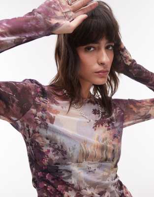 Shop & Other Stories Mesh Jersey Long Sleeve Top With Thumbhole Detail In Purple