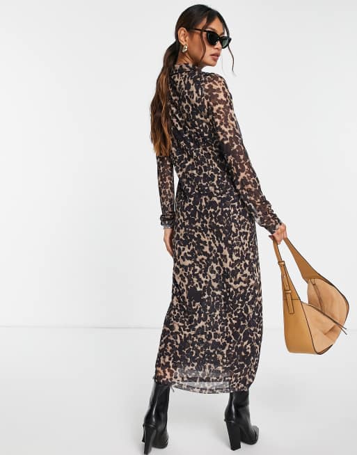 Other Stories mesh leopard print midi dress in brown BROWN