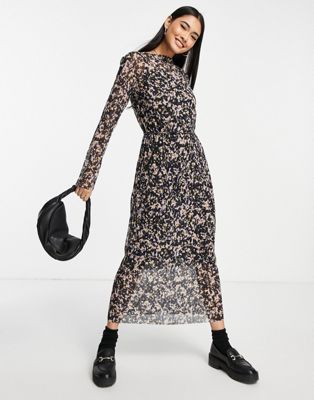 & Other Stories mesh long sleeve print midi dress in black and pink