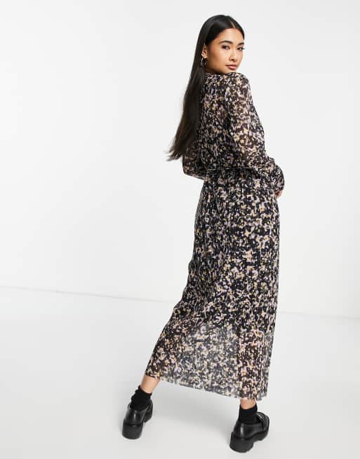 & Other Stories mesh long sleeve print midi dress in black and pink | ASOS