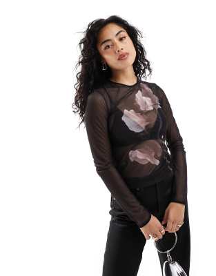 Other Stories &  Mesh Long Sleeve Top In Black With Floral Front Print