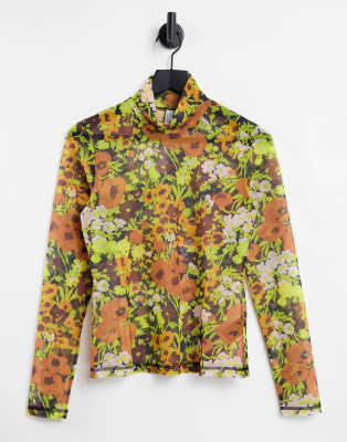 & Other Stories mesh long sleeve top in floral print