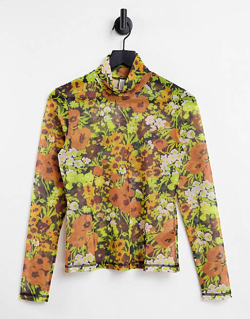 & Other Stories mesh long sleeve top in floral print