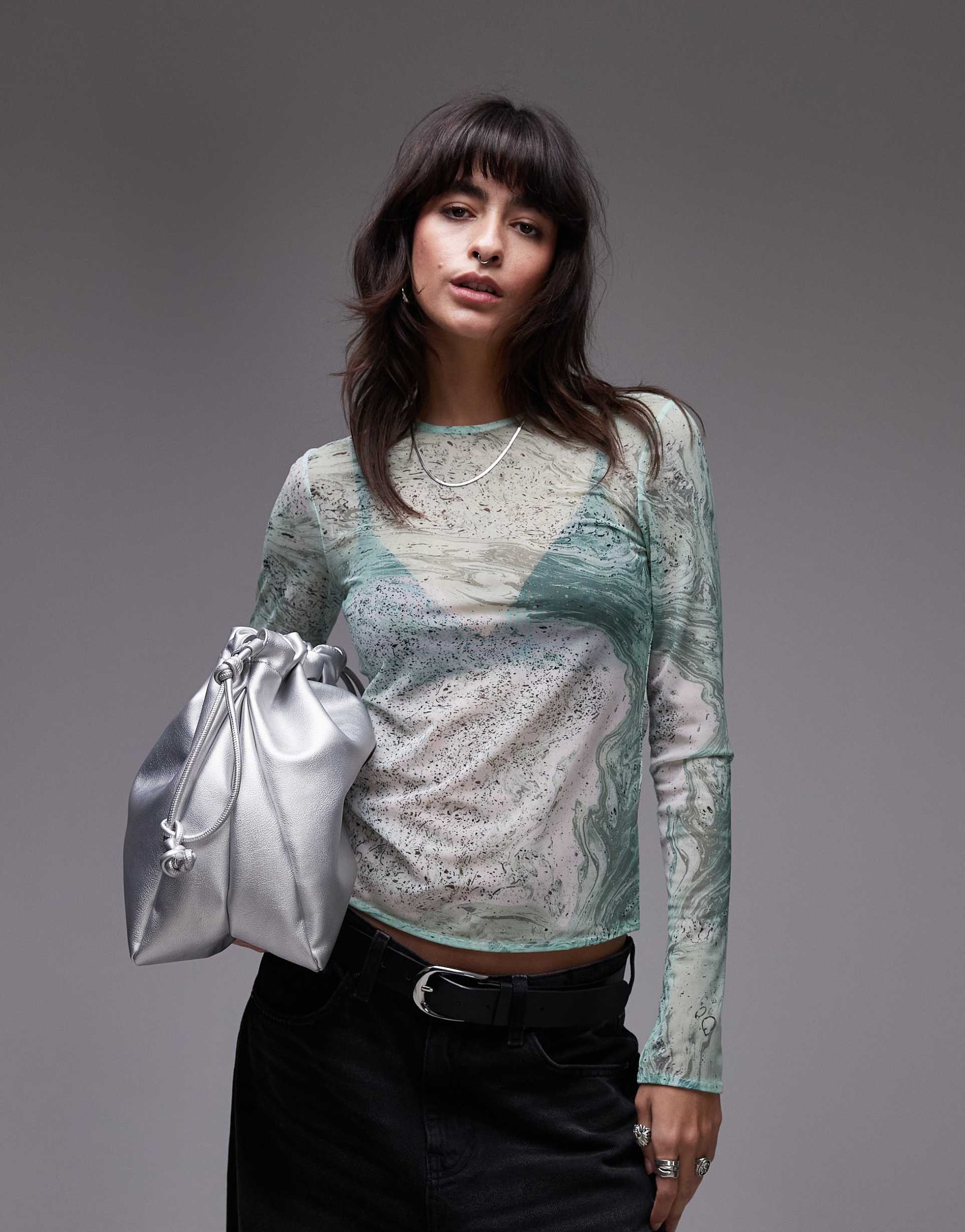 & other stories mesh long sleeve top in green marble print