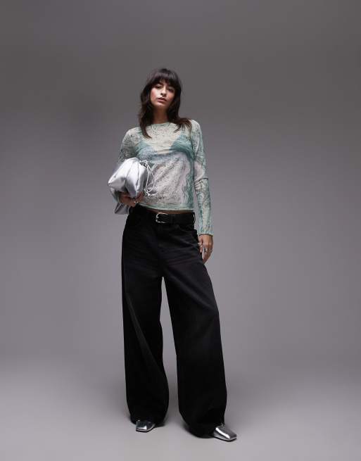 & Other Stories mesh long sleeve top in green marble print