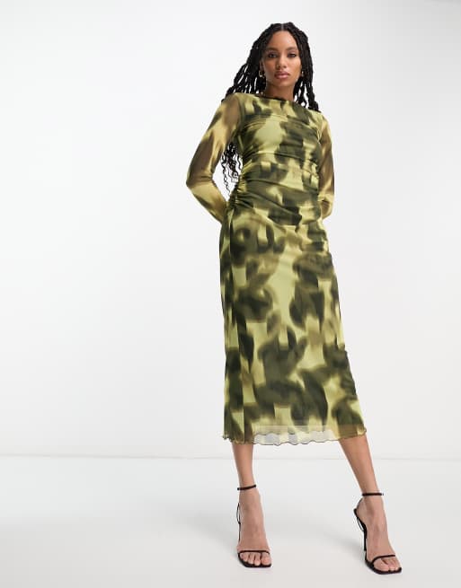 ASOS DESIGN asymmetric one sleeve mesh ruched midi dress in smudge print