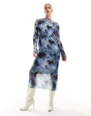 & Other Stories mesh midi dress with asymmetric bodice in blurred inky print