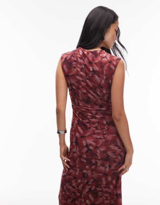 & Other Stories mesh midi dress with drape detail in burgundy