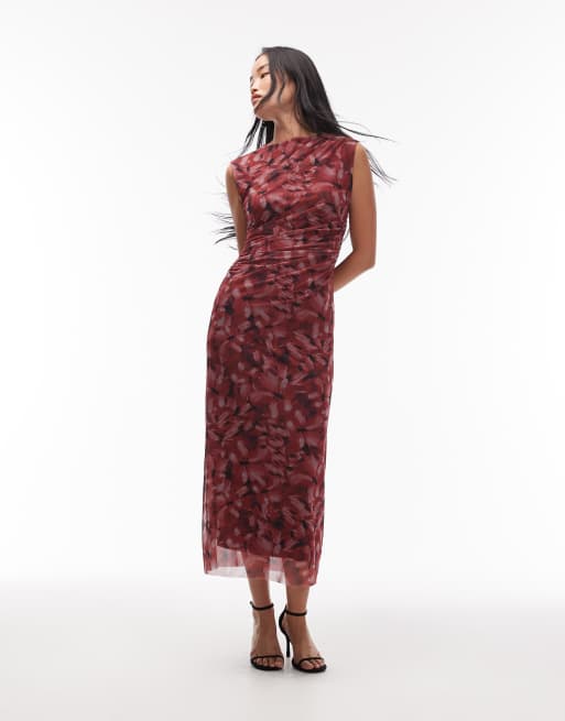 & Other Stories mesh midi dress with drape detail in burgundy
