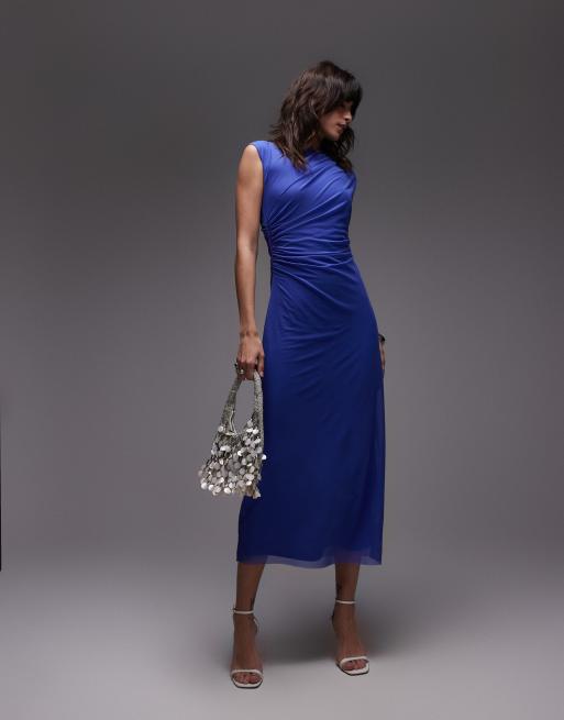 & Other Stories mesh midi dress with drape detail in dark blue, 2 of 4
