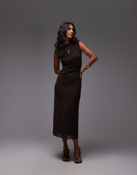 & Other Stories mesh midi dress with drape detail in dark brown - view 1