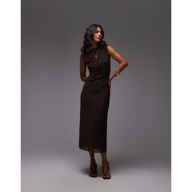 & other stories mesh dress & Other Stories mesh midi dress with drape detail in dark brown