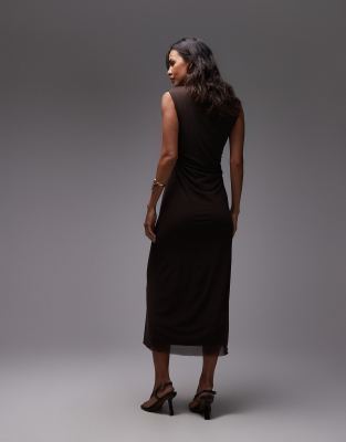 & Other Stories Mesh Midi Dress With Drape Detail In Brown