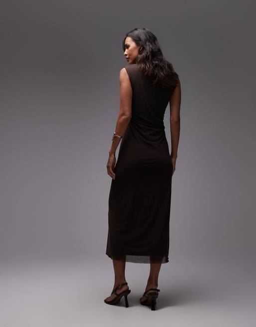 & Other Stories mesh midi dress with drape detail in dark brown