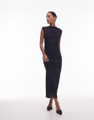 & Other Stories mesh midi dress with drape detail in navy - view 1