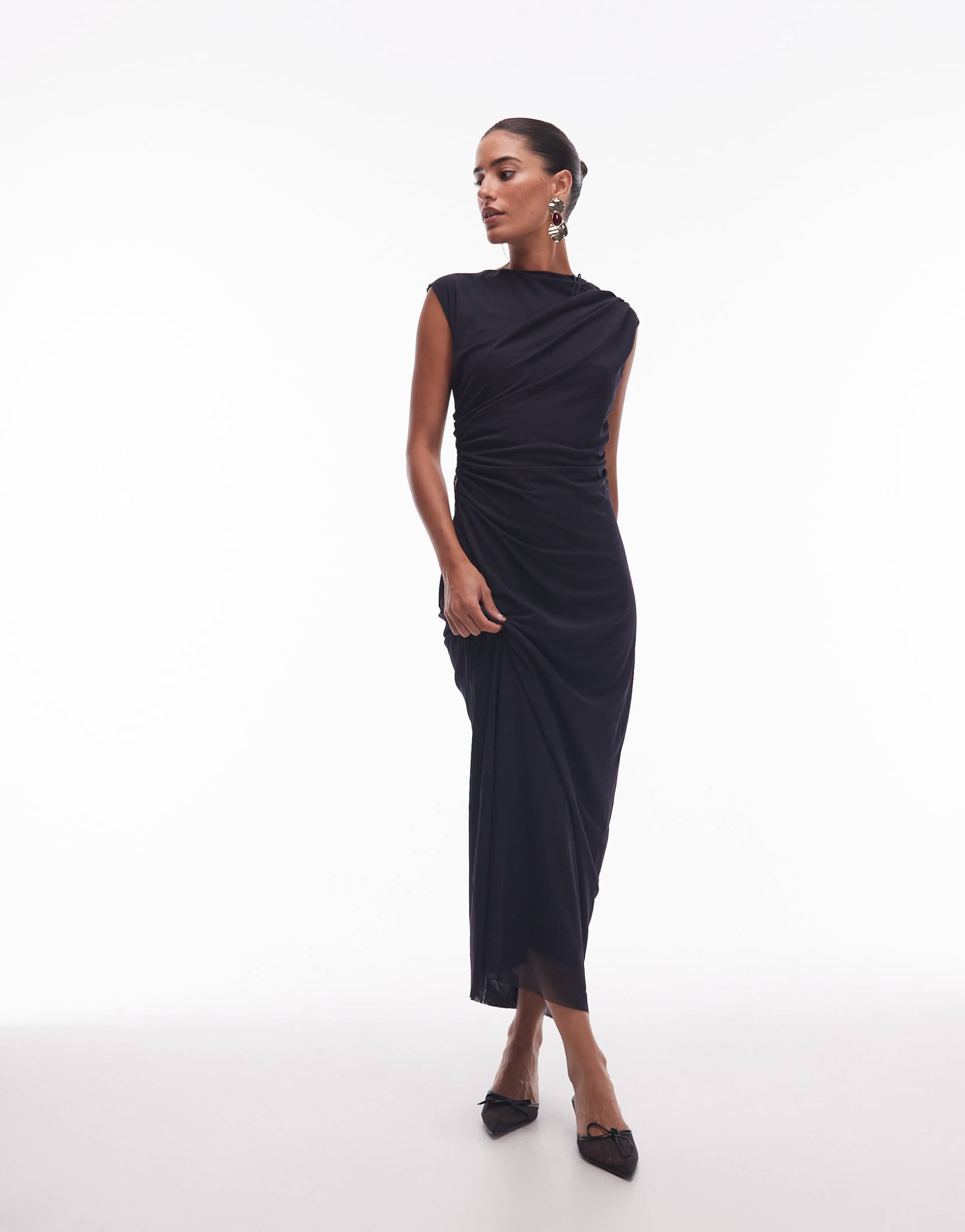 & other stories mesh midi dress with drape detail in navy