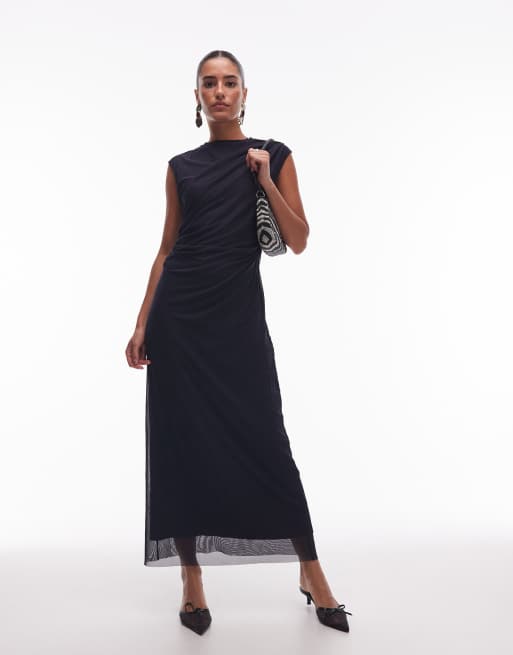 & Other Stories mesh midi dress with drape detail in navy, 3 of 4