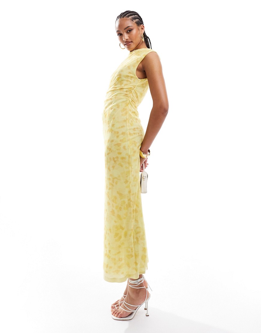 & Other Stories mesh midi dress with drape detail in yellow floral print