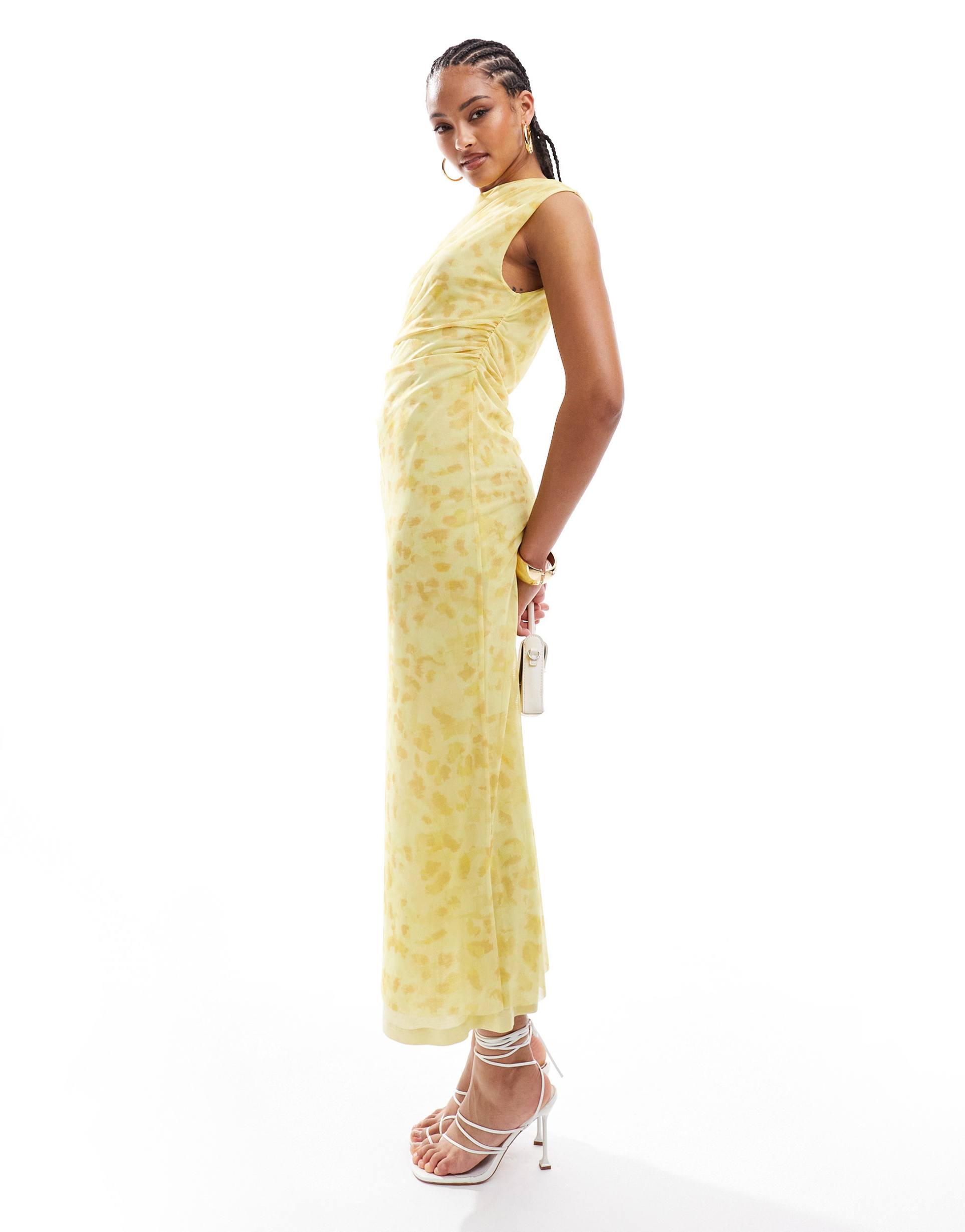 & other stories mesh midi dress with drape detail in yellow floral print