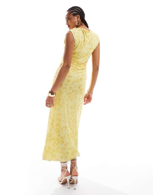 Other Stories mesh midi dress with drape detail in yellow floral print
