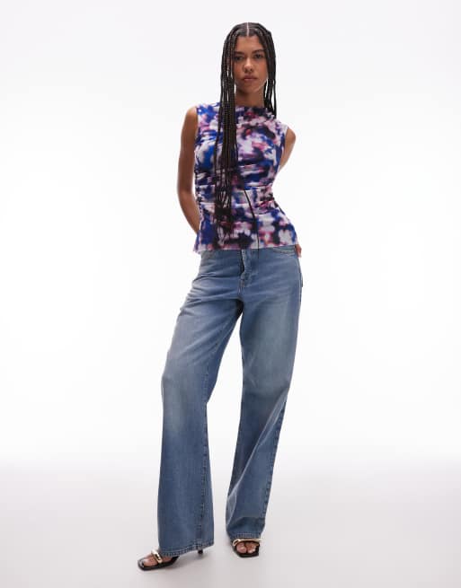 & Other Stories mesh top with drape detail in blurred floral print, 3 of 4