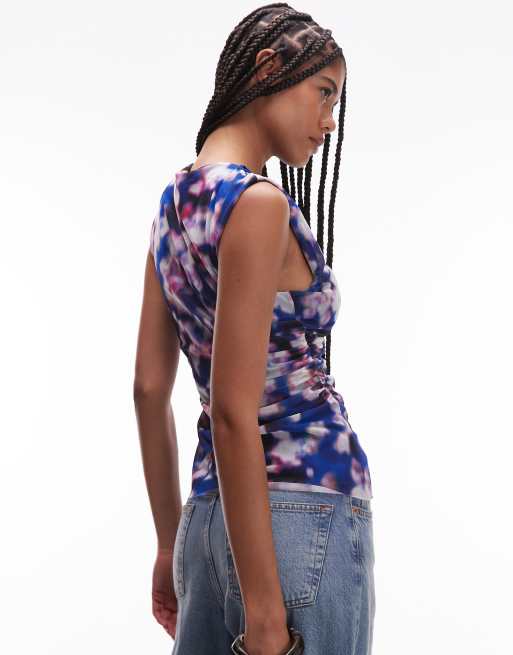 & Other Stories mesh top with drape detail in blurred floral print, 4 of 4